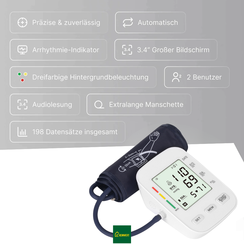 Blutdruckmessgerät mit digitalem Display / Mit komfortabler Manschette und Speicherfunktion
